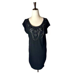 Alice + Olivia Black Beaded Jeweled‎ Scoop Neck Short Sleeve Mini Dress Size S